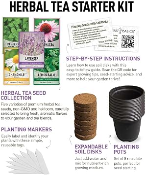 Tea Growing Kit - Includes Medicinal Lavender, Chamomile, Lemon Balm, Peppermint and Echinacea Heirloom Garden Seeds, Grow Pots, Soil, Plant Markers, Indoor Herb Kit Outdoor Tea Garden Kit