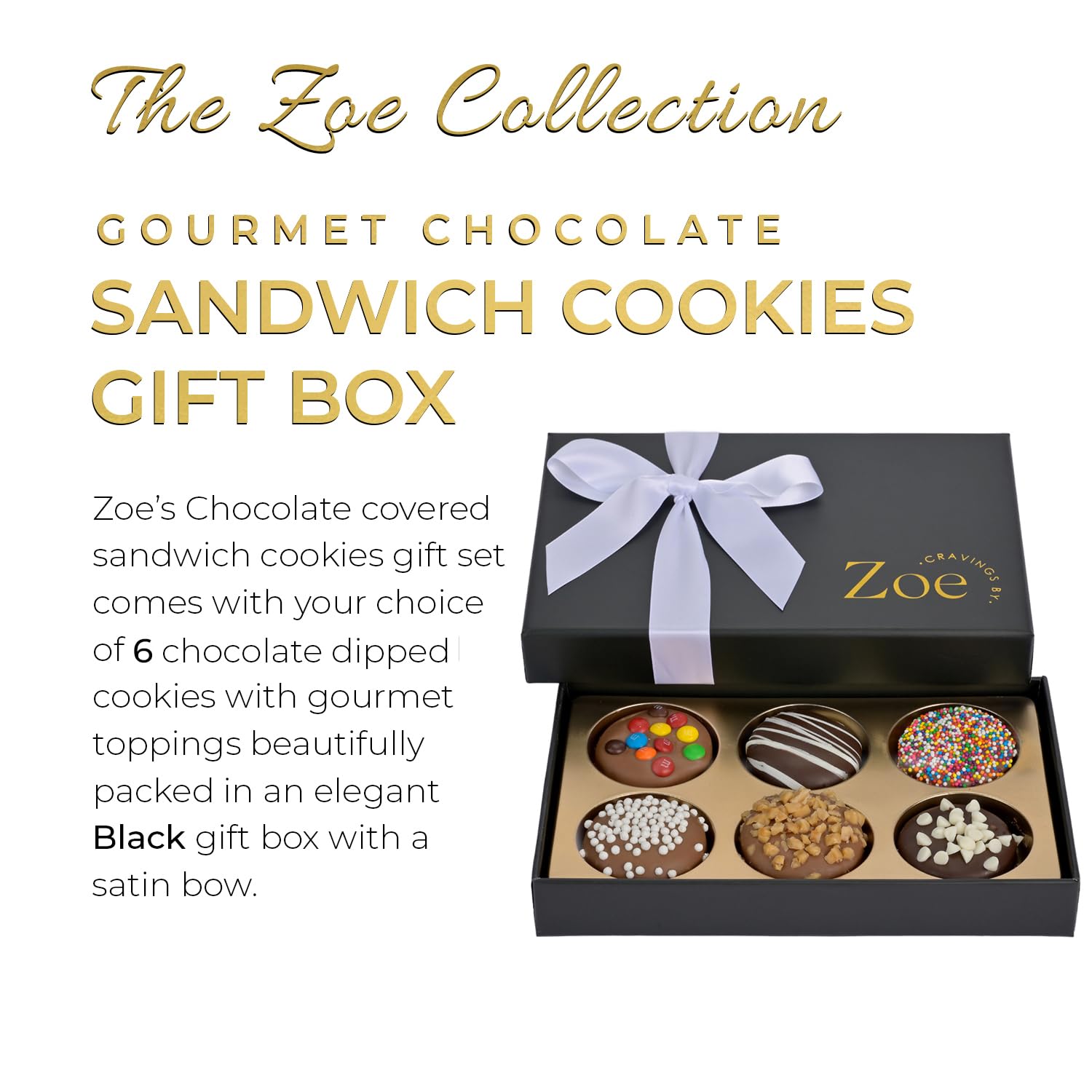 CRAVINGS BY ZOE Birthday Chocolate Covered Cookies Gift Basket | 12 Count | Kosher Milk & Dark Belgian Chocolate Gourmet Food Gift Box | Birthday, Thank You, Candy Gifting Men Women Him Her Mom: 6 PC Black