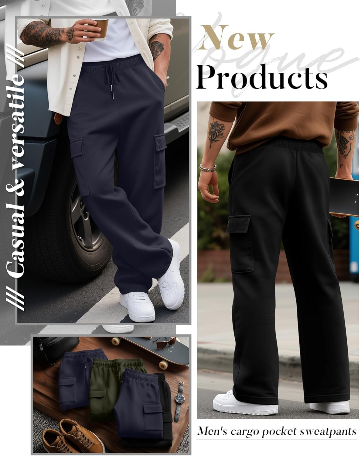 3 Pack Men's Cargo Sweatpants Drawstring Thin Straight Leg Pants Casual Baggy Open Bottom Jogger with Pockets - Image 2