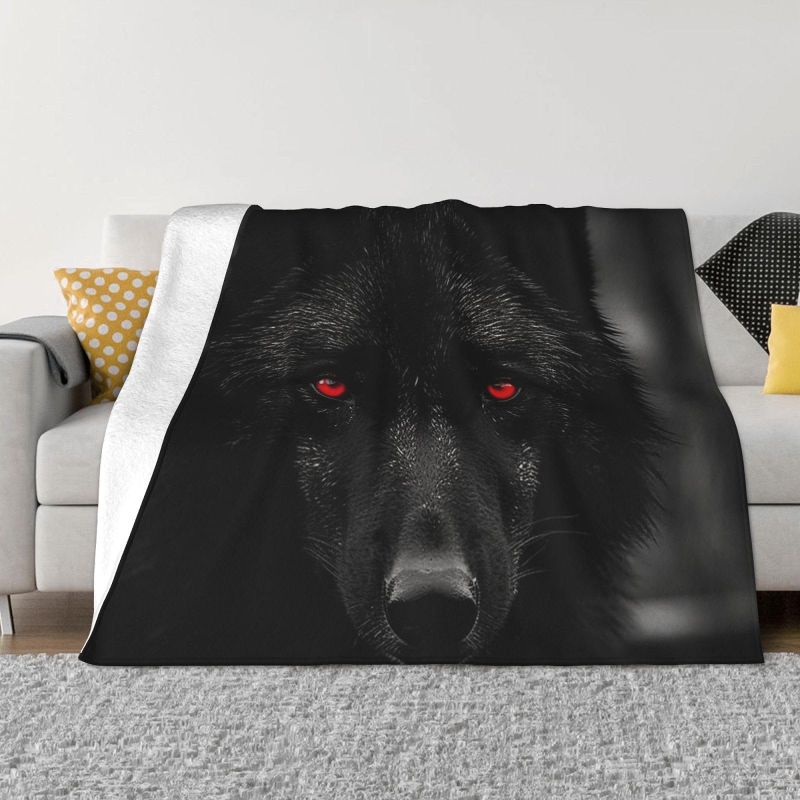 Couverture loup yeux rouges plaid micro polaire chaud léger flanelle 203x152cm