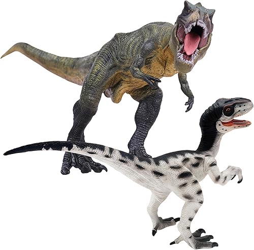 Miniatura 5 de Gemini&Genius Tyrannosaurus Rex y Velociraptor Set con mandíbula movible, juguetes de dinosaurio, figuras de acción del mundo de dinosaurios,