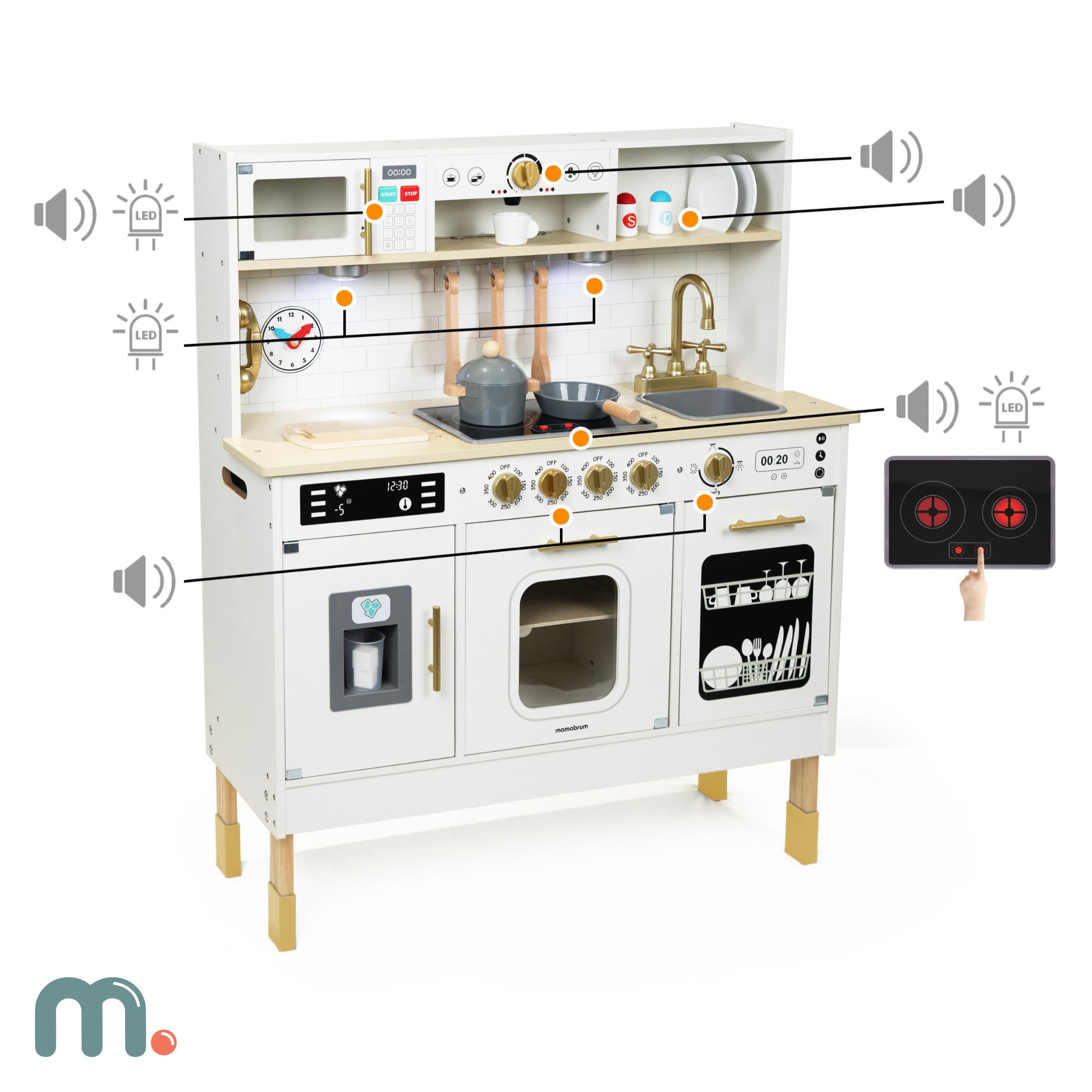 Mamabrum Cocina de Juguete para Niños de Madera con Luces LED - Juguetes Cocina Niños Interactiva con Altura Ajustable - Incluye Microondas, Lavavajillas y Accesorios - 104cm