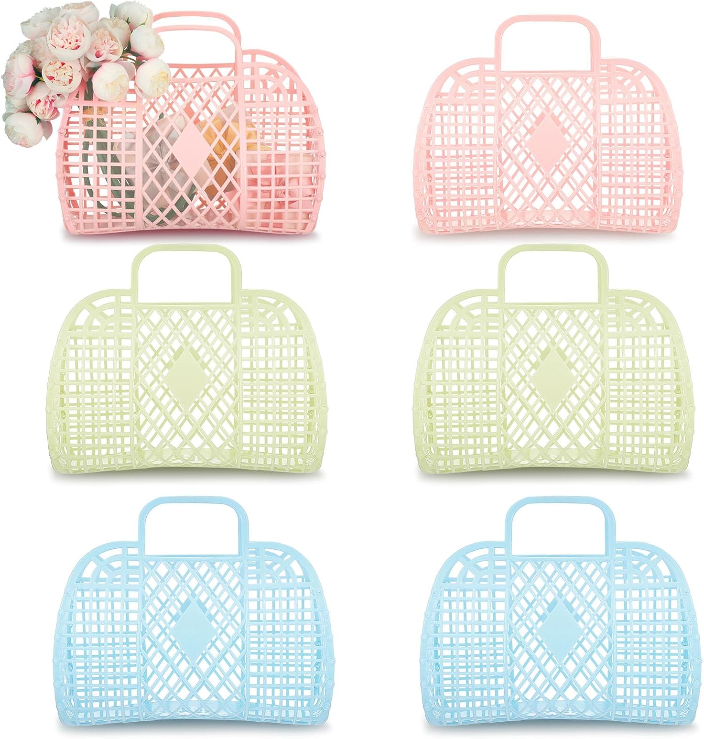 Silkfly 6 Pcs Jelly Tote Bags Plastic Easter Baskets for Egg Hunting Wedding Beach Gifts Purse Bags for Spring Party Favor(Blue, Green, Pink,Small)