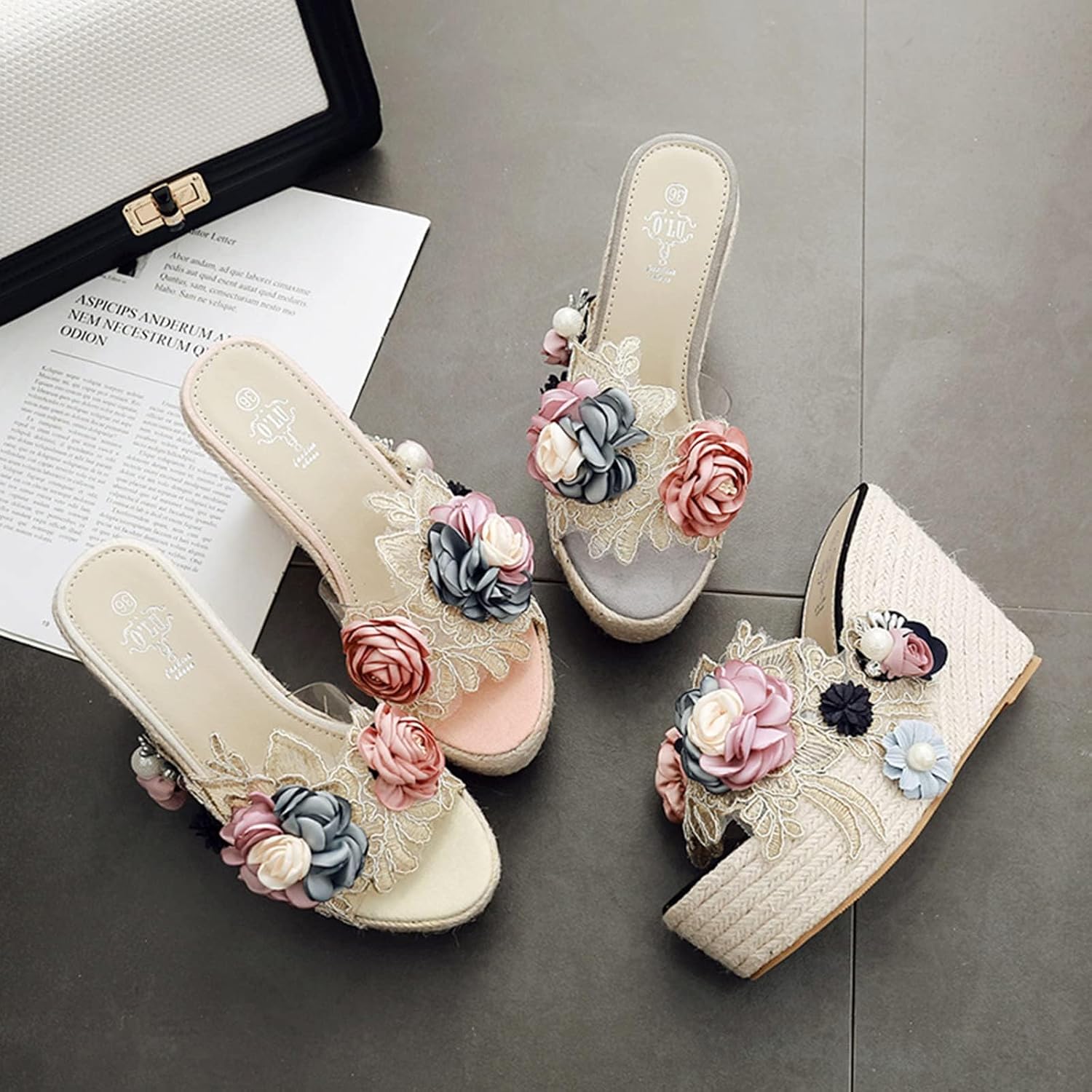 SACFOF Women's 3D Flower Woven Espadrille Wedge Sandals Slides Bohemia Casual Breathable Dress High Heels Platform Wedding Party Sandals