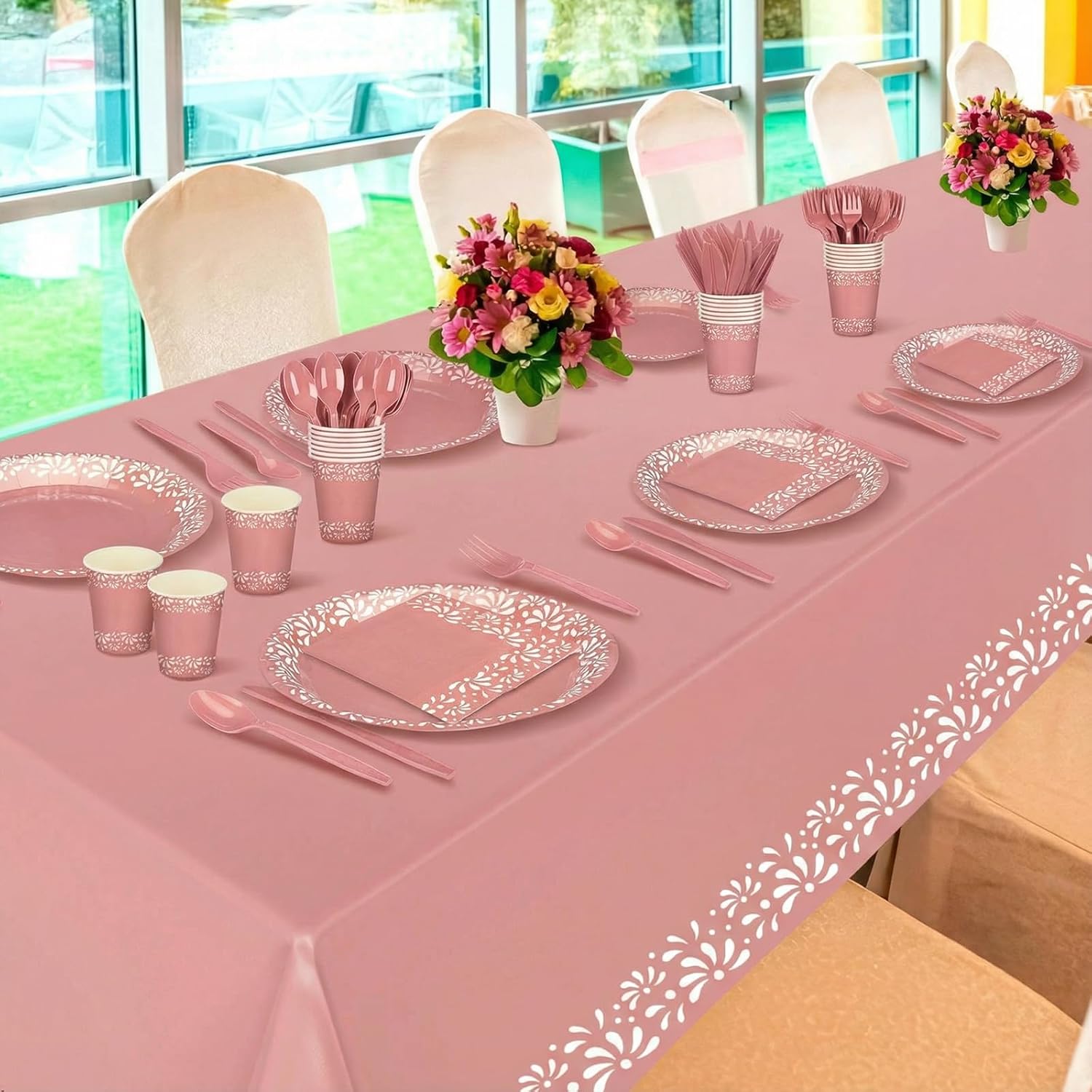 Havawish 177 Pcs Cielito Lindo Party Decoration Platos De Barro Mexicanos Fiesta Tableware Set Mexicanos Talavera Plates Cups Napkins Tablecloths Baby Shower(Pink,White Flower)