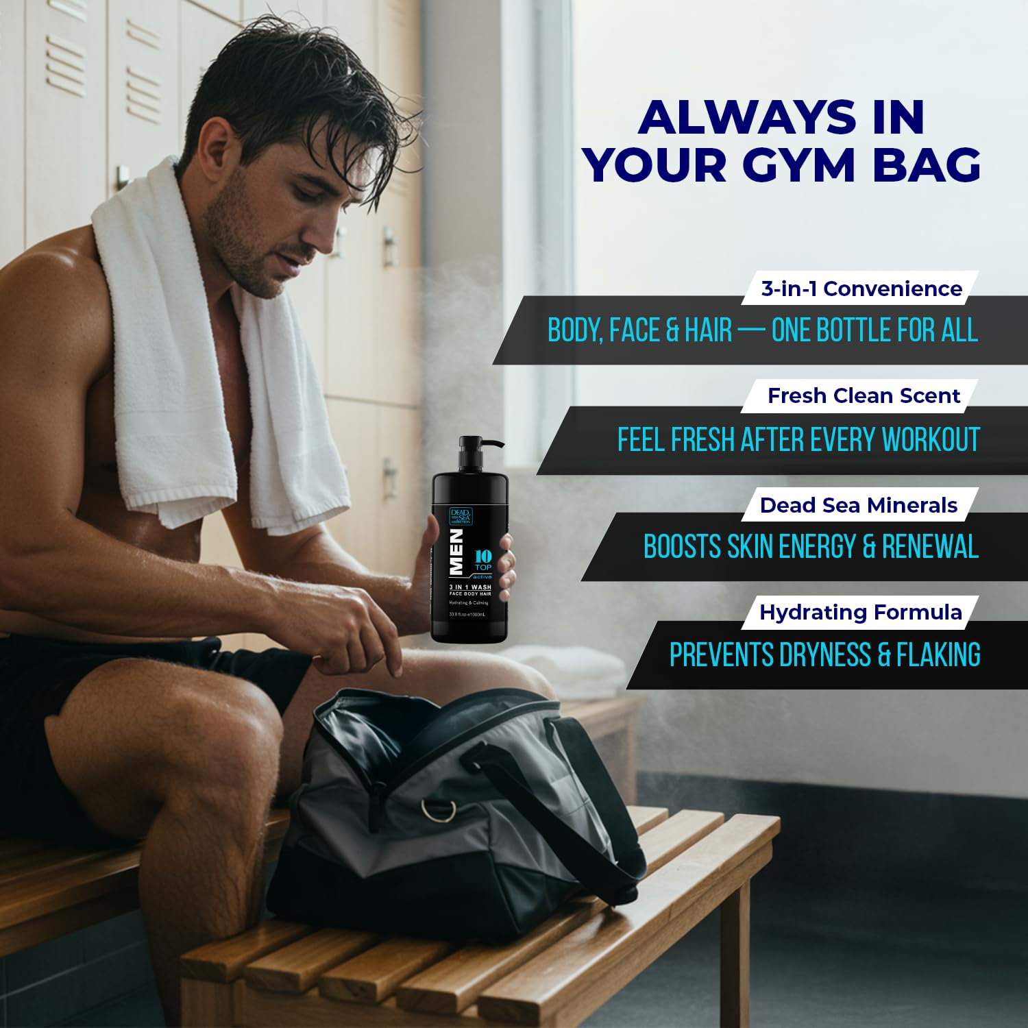 Dead Sea Collection Mens Body Wash TOP 10 ACTIVE – 3 in 1 Body Wash for Men for Hair, Face & Body – Moisturizing Shower Gel with Dead Sea Minerals – Pack of 2 (33.8 fl oz each) - Image 3