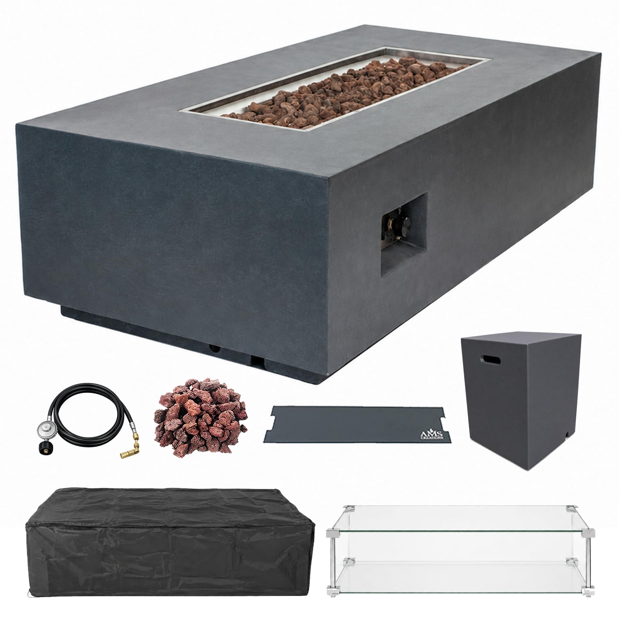 AMS 55" Concrete Propane Fire Pit Table with Tank Cover (Wavy Dark Gray)