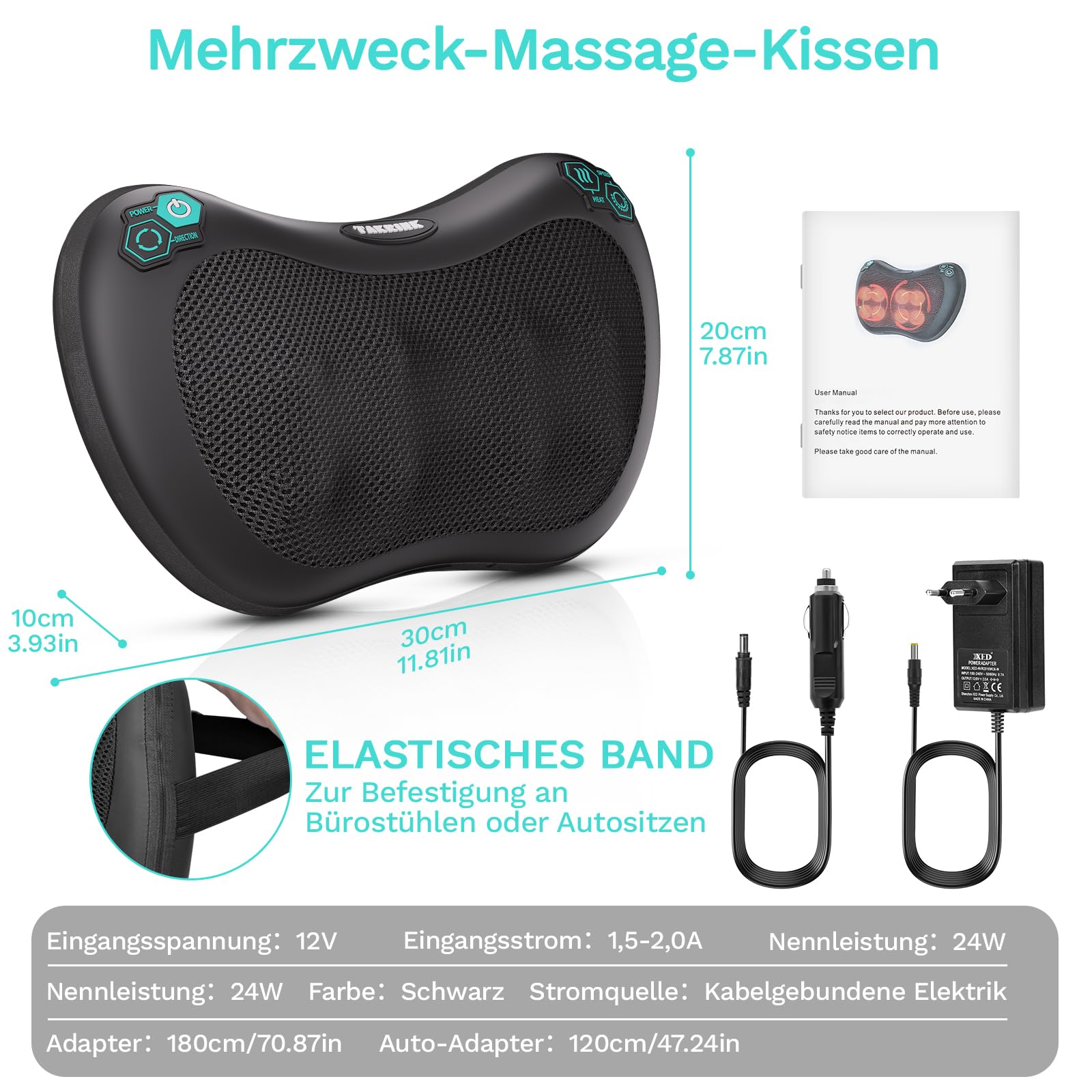 TAKRINK Shiatsu Massagekissen Nackenmassagegerät Rückenmassagegerät mit 8 Knoten und 3 Speed Tiefengewebsknetung Leise Massagegerät für Nacken Schulter rücken mit 1,8 m Autokabel für Männer, Frauen