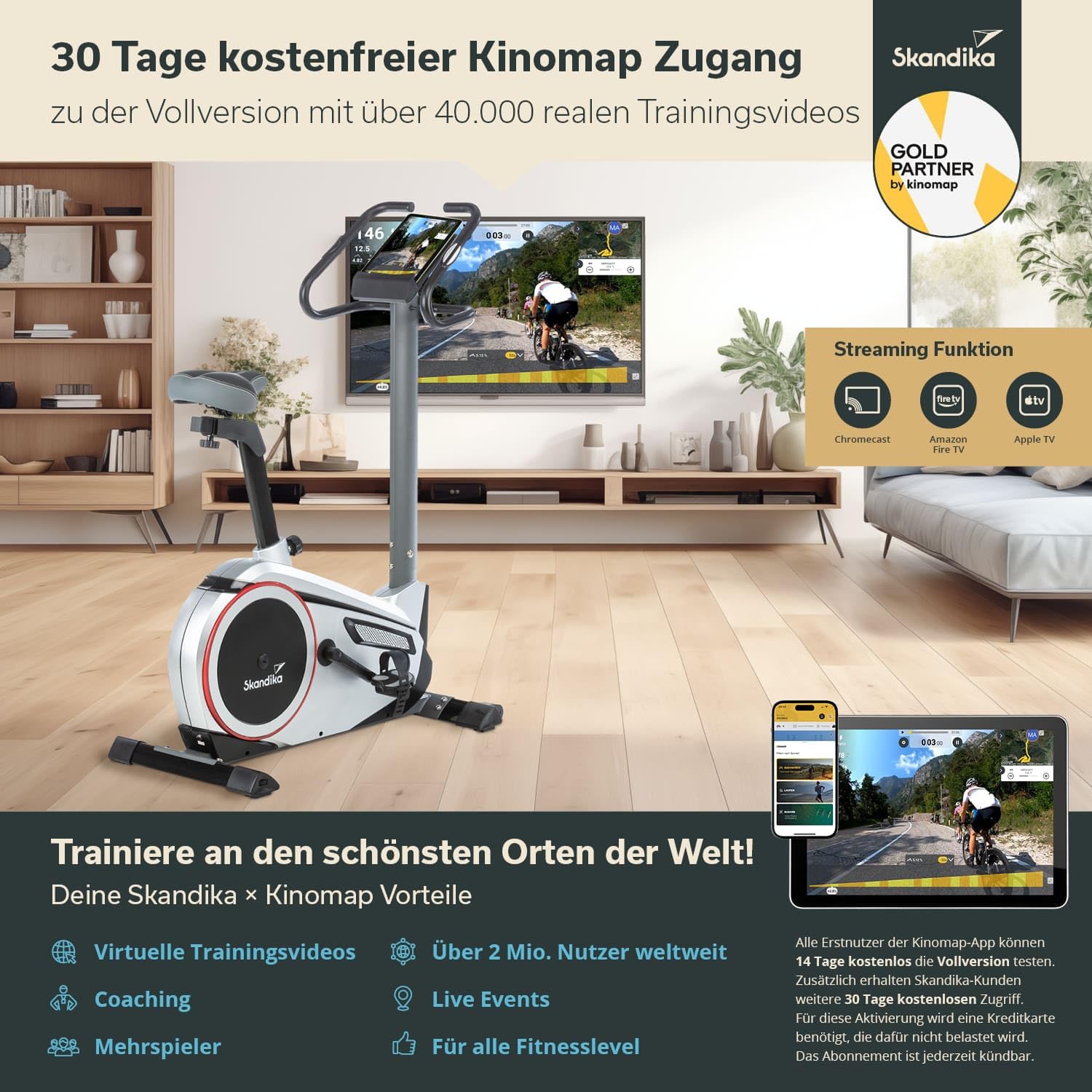 Skandika Ergometro Morpheus | home trainer, sistema di massa volanica da 12 kg, 32 livelli, 24 programmi, applicazione compatibile con Kinomap, cintura per la frequenza cardiaca, supporto per tablet, fino a 150 kg