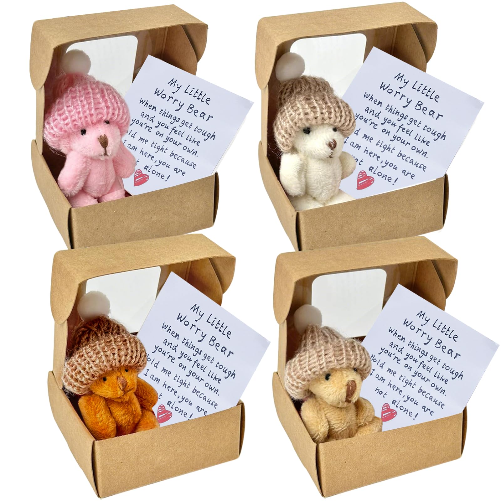 Sythrix 4 Pcs Worry Bear in a Box, Little Pocket Bear Hug with Inspirational Card, Mini Plush Teddy Bear