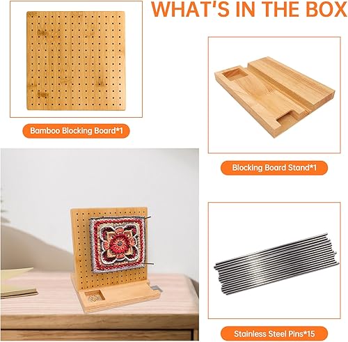 Miniatura 4 de Tabla de bloqueo de 9.25 x 9.25 pulgadas para ganchillo con 15 varillas de acero inoxidable, tabla de bloqueo de ganchillo, cuadrado de bambú con