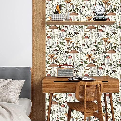 Miniatura 3 de Papel tapiz autoadhesivo con diseño de hongos bohemios, extraíble, papel de contacto para armarios de dormitorio, baño, decoración de pared, 17.7 x