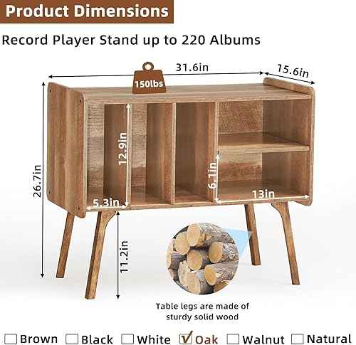 Miniatura 3 de Lerliuo Soporte para tocadiscos con 4 gabinetes con capacidad para hasta 220 álbumes, soporte giratorio grande con patas de madera de haya, mesa de