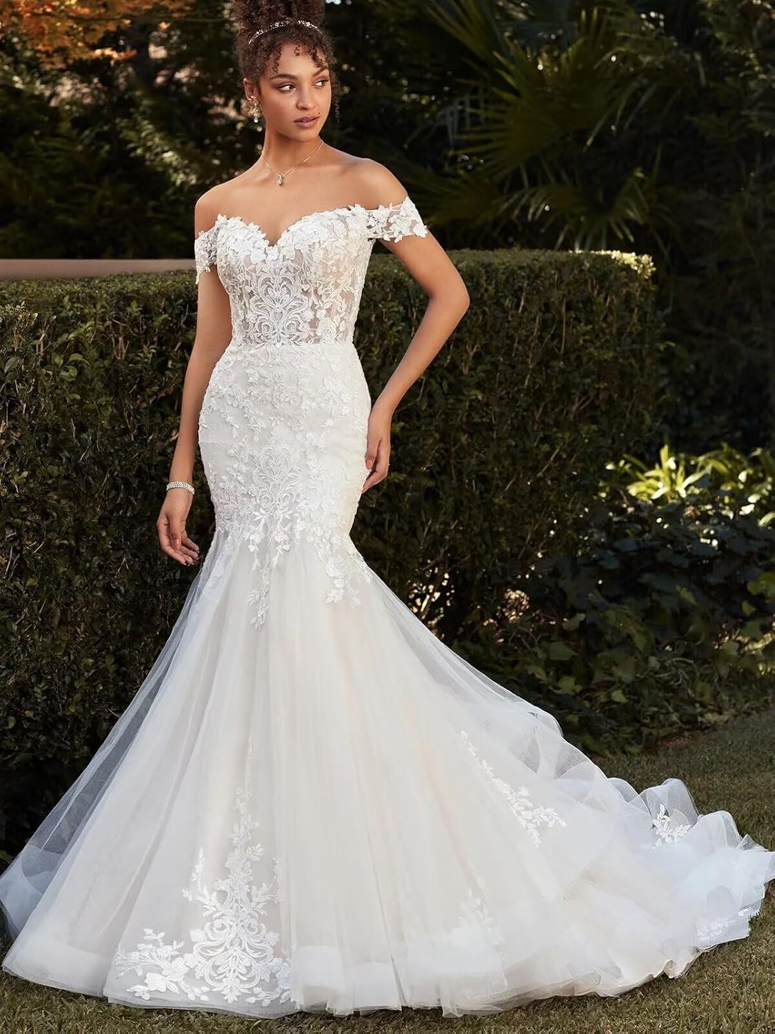 Off The Shoulder Mermaid Bridal Gown Crystal Beaded Tulle Lace Appliques Sweetheart Wedding Dress for Bride PS01