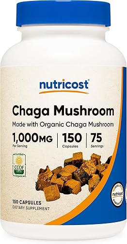 Nutricost Cápsulas orgánicas de hongos Chaga de 1000 mg, 75 porciones – Certificado CCOF fabricado con hongo Chaga orgánico, vegetariano, sin
