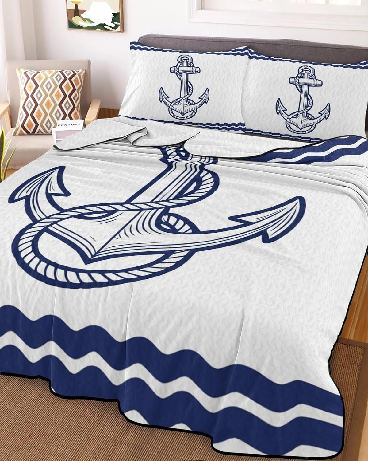 Full Size Quilt Set, Coastal Nautical Anchor String Lightweight Bedspread Coverlet Set Soft Microfiber Summer Quilt with 2 Pillow Shams, Ocean Navy Blue Stripe Sea Wave 3 Piece Comforter Bedding Set