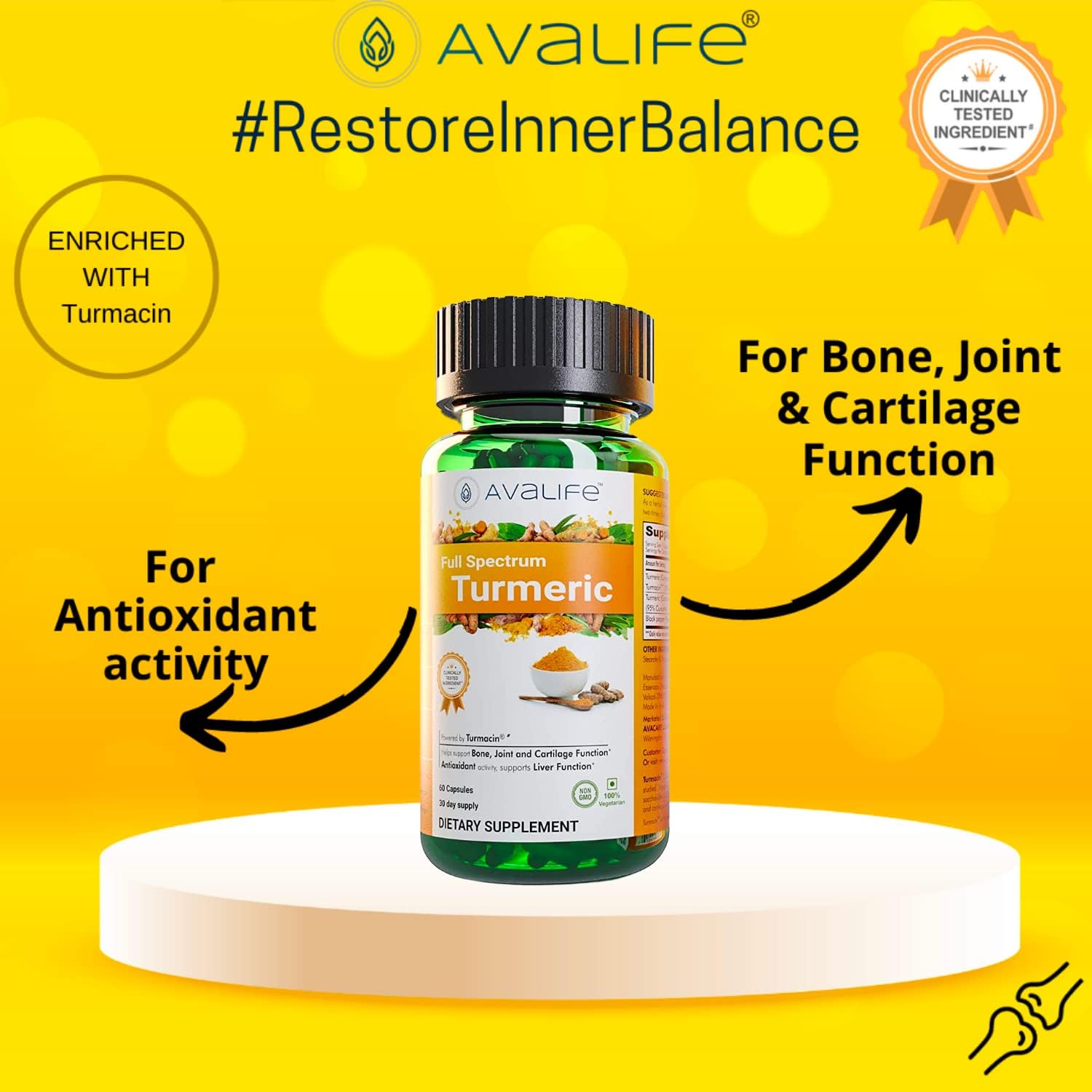 Avalife Full Spectrum Turmeric Capsules (60 Count) High-Potency Joint Relief Turmeric Supplement with Black Pepper | Gluten Free, Vegan, Non-GMO - 30-Day Supply