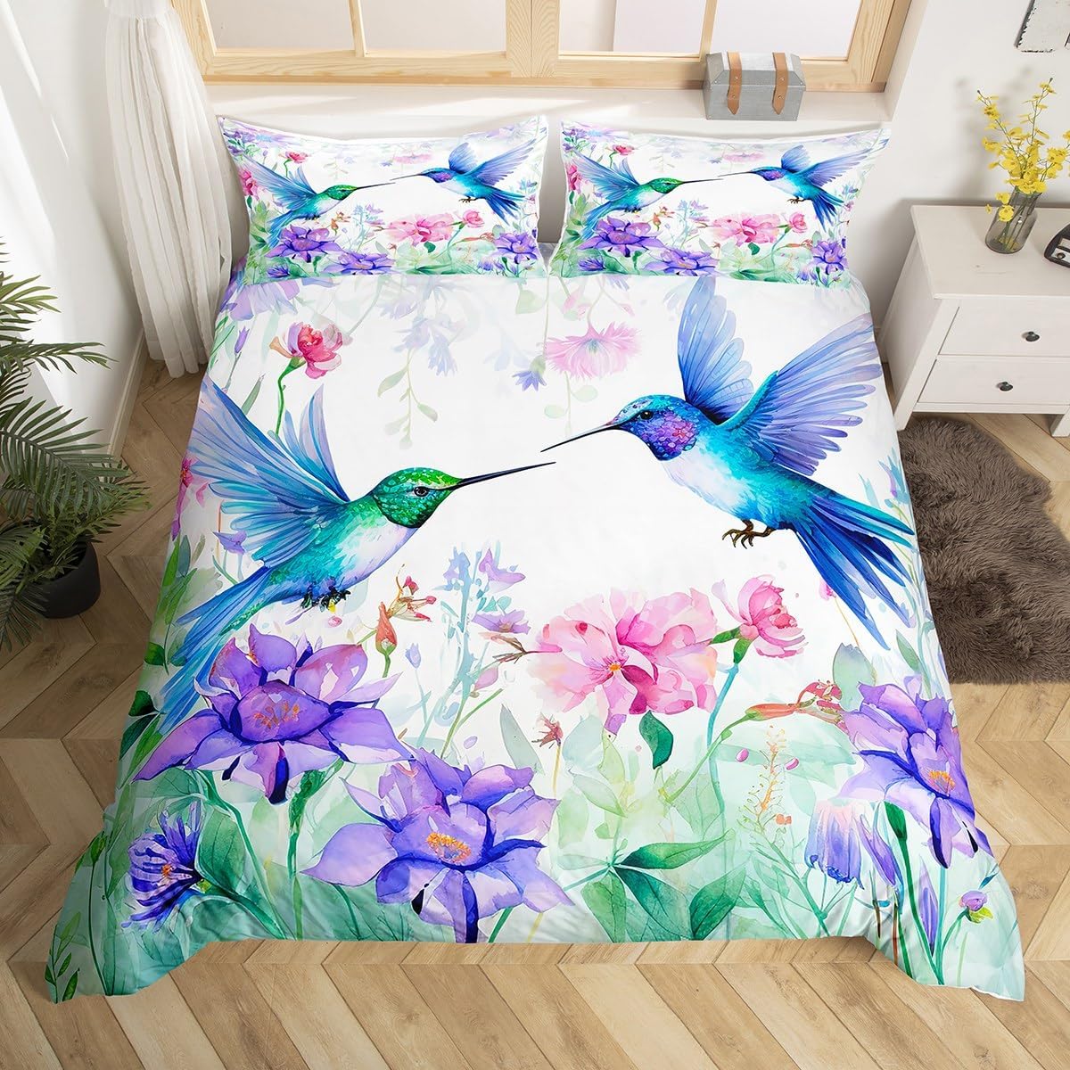 Hummingbird Girls Comforter Cover Butterfly Flower Birds Bedding Sets Wild Animals Duvet Cover Set Floral Plants Fresh Nature Bedspreads Cover 3 Pieces For Women Bedroom Decor Queen Size Green