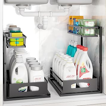 Under Sink Storager, 2 Pack Slide Out Kitchen Cabinet Organizer, Pull Out Bathroom Sink Shelves, Large Capacity 2 Tier Under Sink Organizer for Kitchen Bathroom Pantry USO1-2