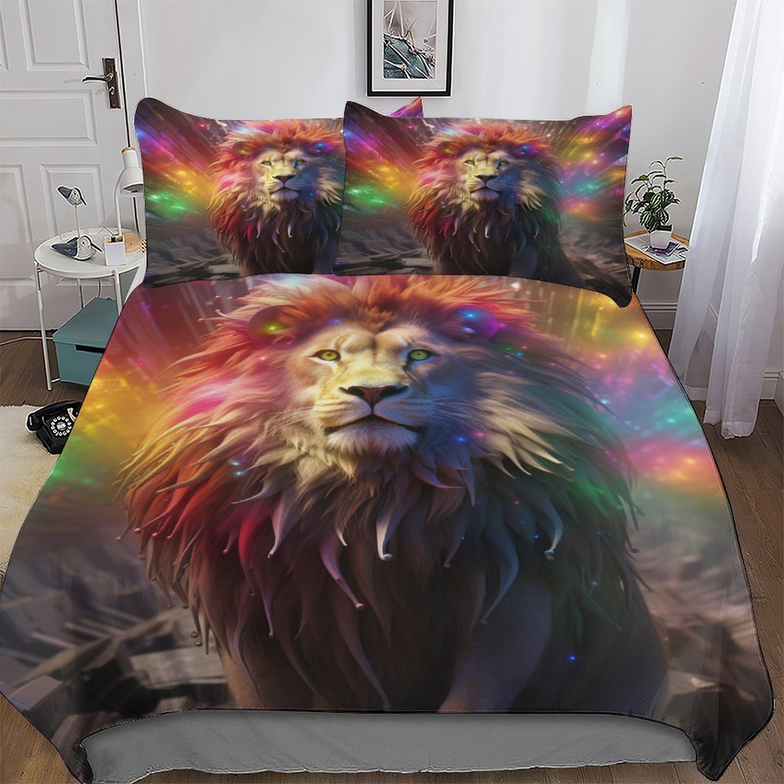 Lion 3D Duvet Cover Set 2 PCs Printed Quilt Cover Soft Microfiber Bedding Set with Pillowcase with Zipper Closure for Kids, Youth And Adult Comforter Cover Single (135x200cm)