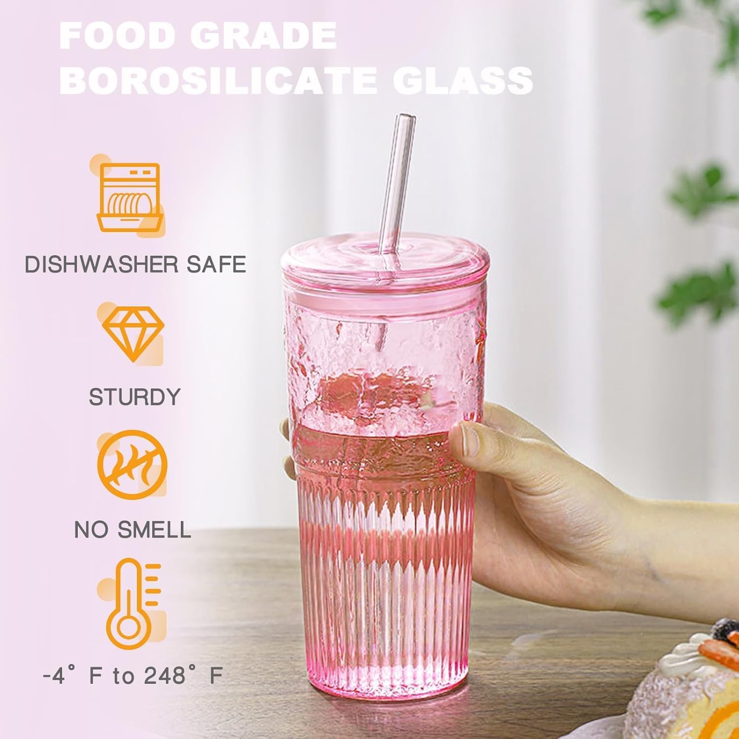 Glass Coffee Cups with Lids and Straws, 20 OZ Pink Iced Water Glasses Tumblers for Ice Juice, Tea, Milk, Smoothie and Cold or Hot Drinks, Set of 2 - Image 2