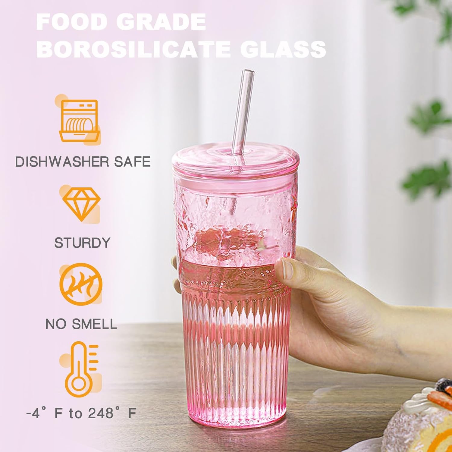 JunVpic Szklane kubki do kawy z pokrywkami i słomkami, 590 ml, różowe szklanki do mrożonej wody, do soku lodowego, herbaty, mleka, smoothie i zimnych lub gorących napojów, zestaw 2 szt
