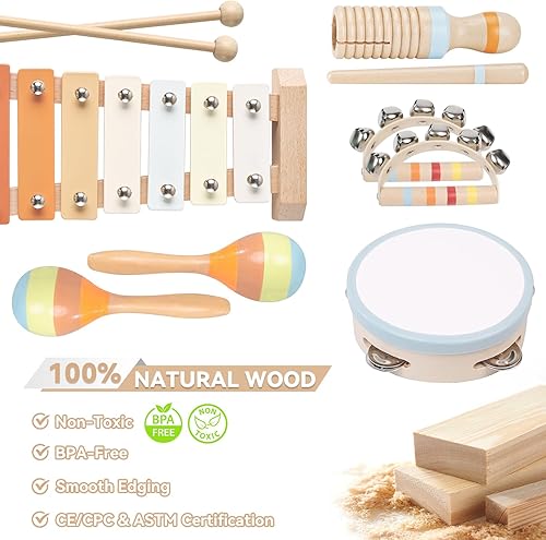 Miniatura 5 de Instrumentos musicales para niños pequeños, juguetes musicales de madera Montessori para bebés de 1 a 3, INLAIER Instrumentos de percusión para