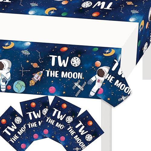 Juego de 4 manteles con diseño de dos lunas y 2 fundas de mesa para fiesta de astronauta galaxia, astronauta espacial, robot OVNI con temática del