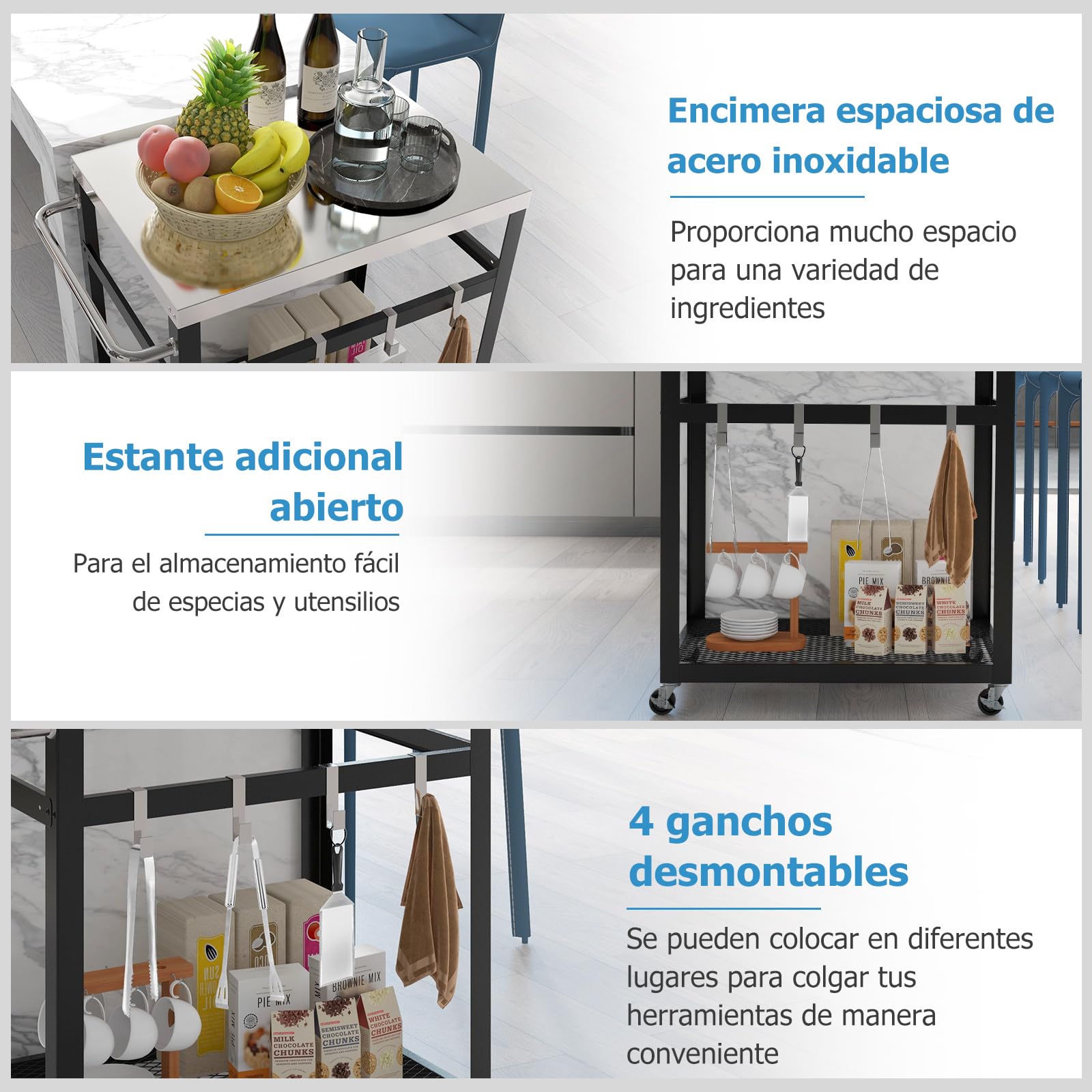 COSTWAY Carro de Servicio de Acero Inoxidable, Carro para Parrilla con Ruedas y Asa, Carro con 4 Ganchos para Bar de Casa, Cocina, Comedor 83,5 x 50,5 x 84,5 cm