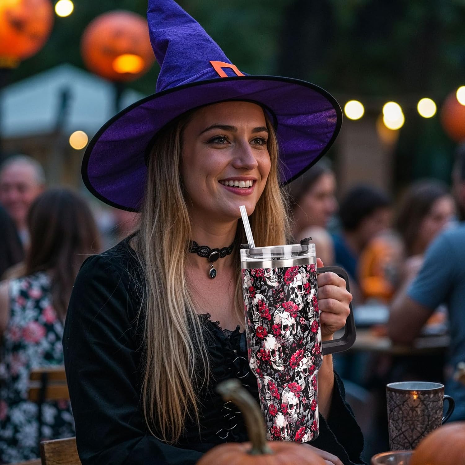 Whaline 40oz Halloween Tumbler with Handle Straw and Lid Skull Floral Travel Tumbler Coffee Cup for Holiday Birthday Party Favors - Image 6