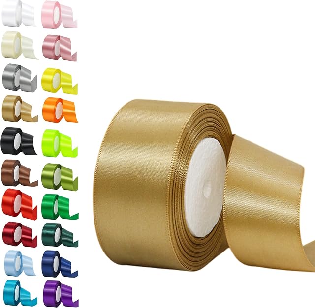 50mm Wide Champagne Gold Ribbon for Crafting,22M 2Inch Gold Fabric Ribbon Double Sided Satin Solid Ribbon Decorative Large Thick Ribbon for Gift Wrapping Wedding Car Sewing Floral Xmas Presents