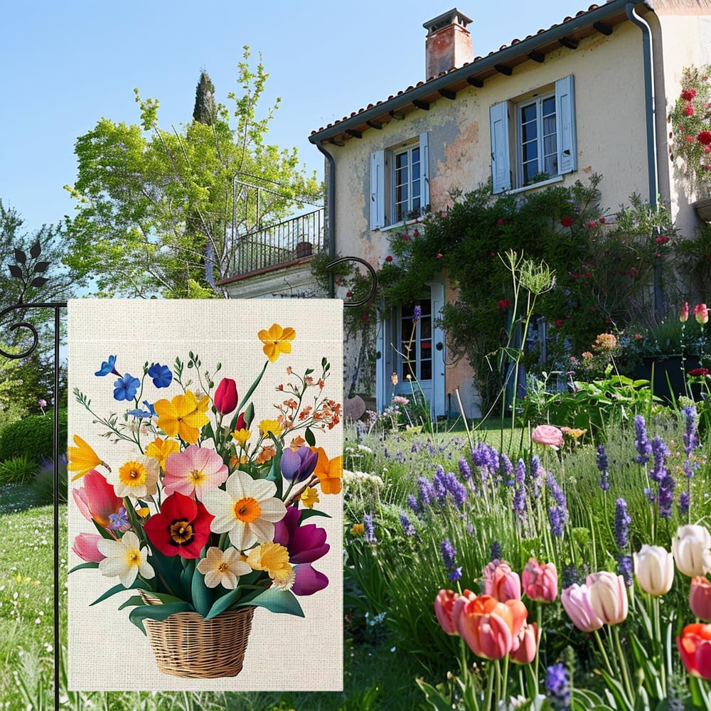 Spring Daffodils Tulip Flower Garden Flag for Outside Colorful Floral Yard Flag Double Sided Burlap Summer Farmhouse Outdoor Home Decorations 12x18 Inch - Image 4