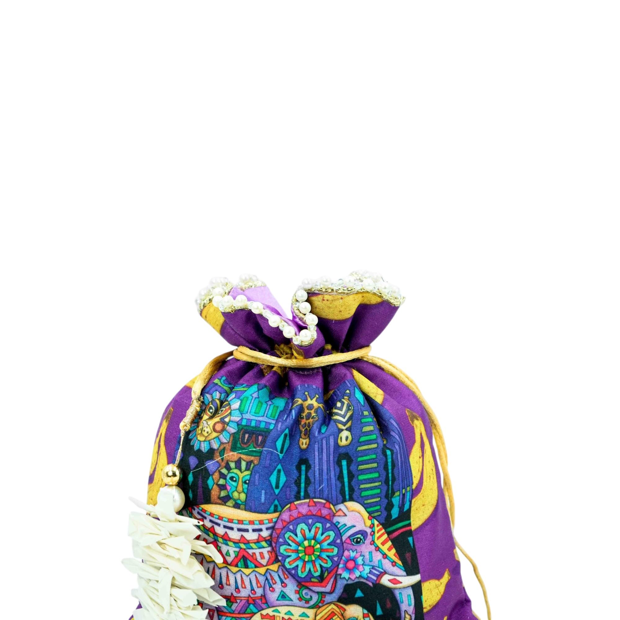 Ethnic Potli Bag for Women | Premium Fabric Handcrafted Drawstring Pouch | Elephant Print Wedding Handbag | Traditional Return Gift Bag | Festive Clutch | 8 x 7 Inches-image-46