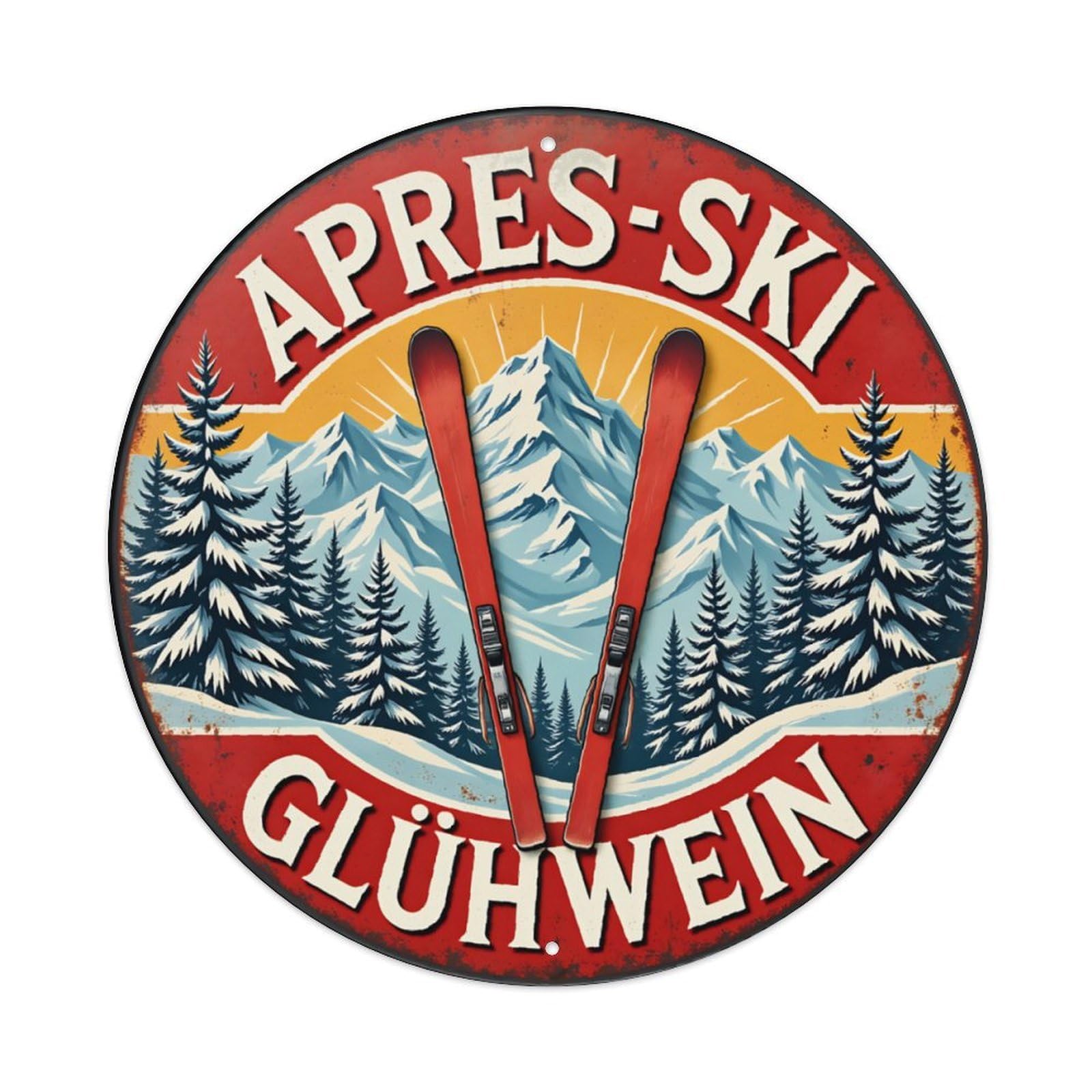 Après-Ski Glühwein Vintage Circular Sign Vintage Aluminium Metal Sign, Retro Wall Decor for Home, Bar, Garage & Farmhouse 20x20cm