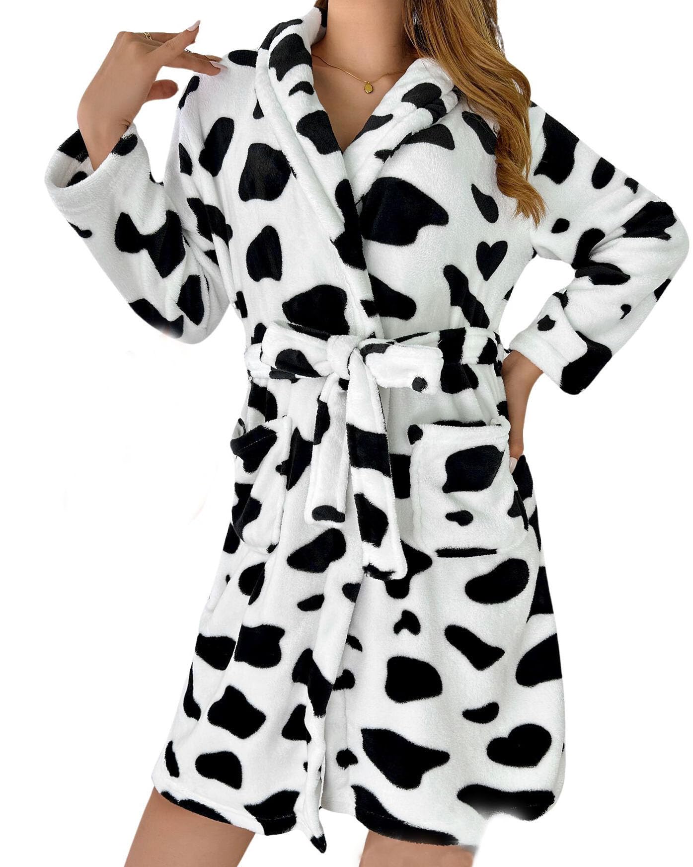 codcm Womens Fleece Plush Robe Printed Fluffy Fuzzy Cozy Warm Bathrobe Shower Spa Housecoat