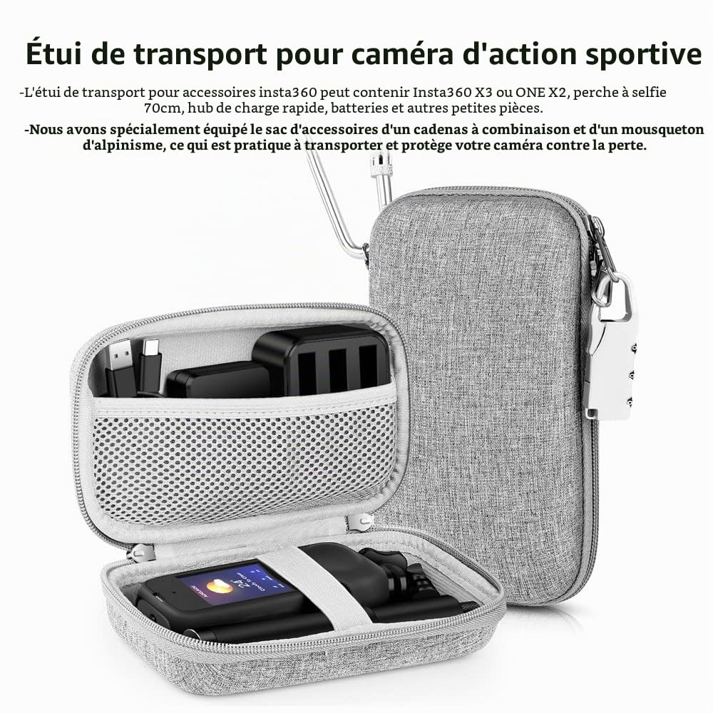 Kit d'accessoires 7 en 1 pour Insta360 X3 Étui en silicone Protection d'objectif Film de protection d'écran Sac de transport extérieur