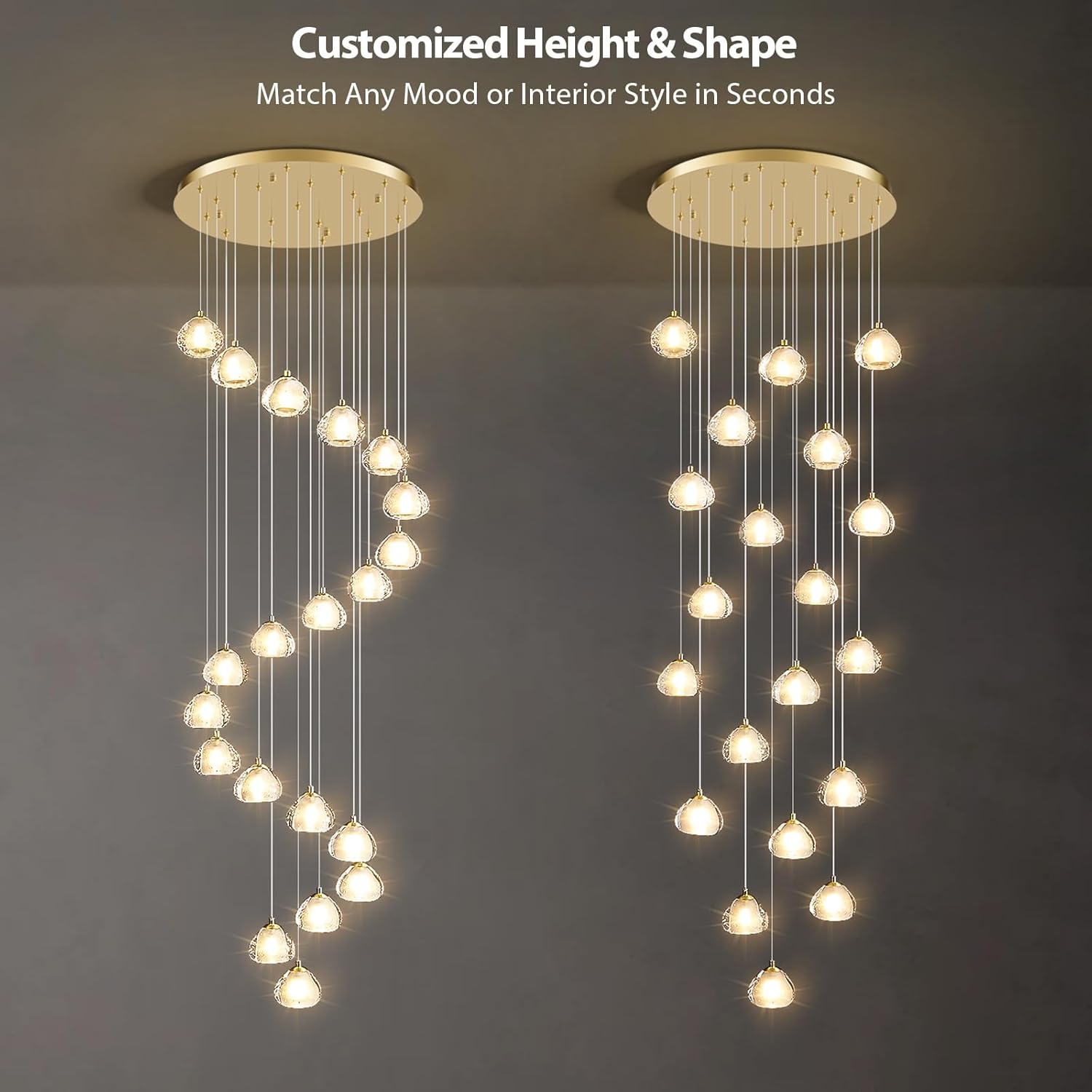 Modern LED High Ceiling Chandelier: Bulb Included Bubble Crystal Lighting - Large Long Pendant Light Fixture Flush Mount Hanging Spiral Chandeliers For Living Room Entryway Foyer Staircase 20 Lights