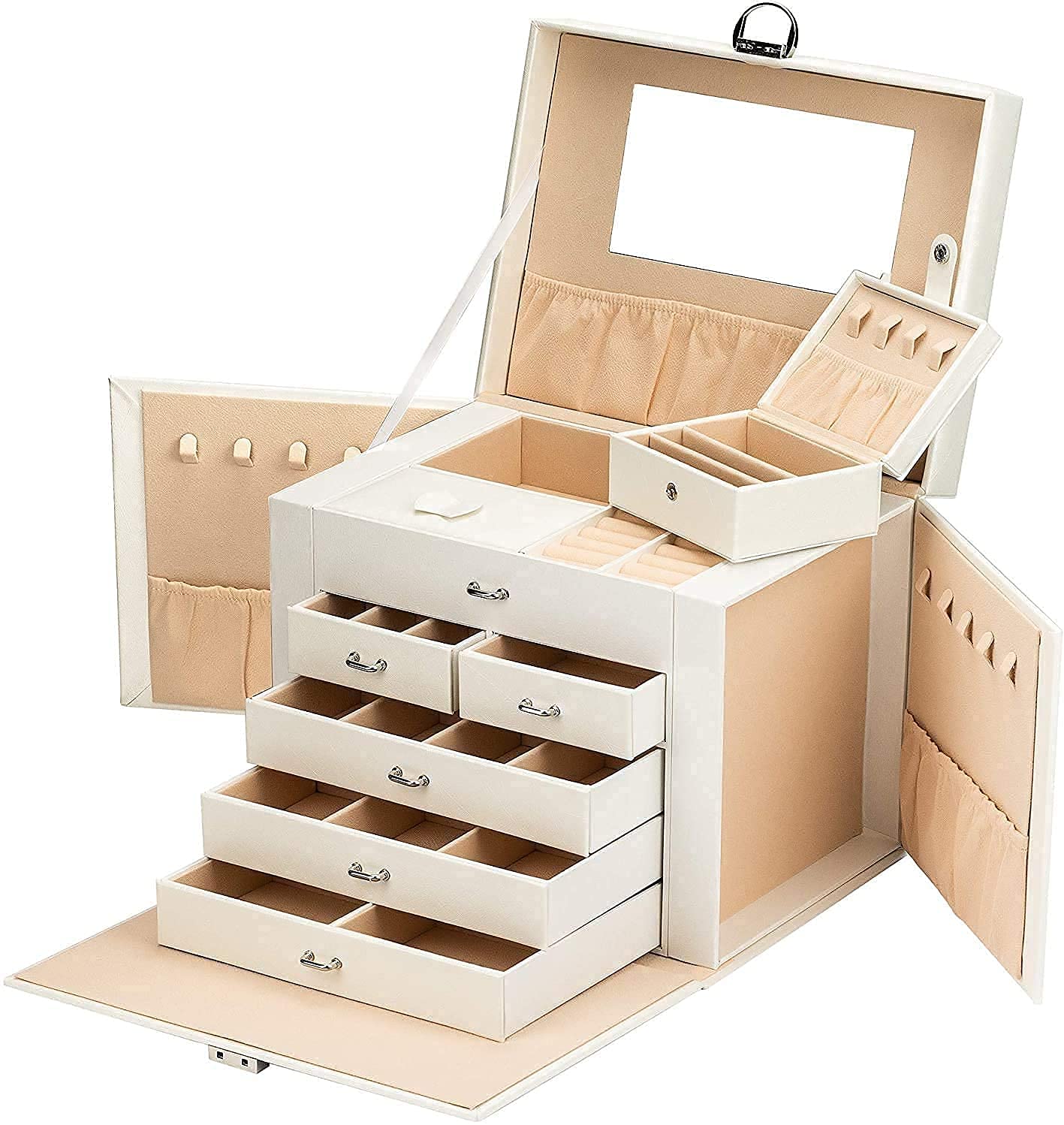 VGVSBG Storage Box Large Lockable 4 Tier 3 Drawer Jewellery Box with Mirror for Rings Earrings Necklaces and Bracelets glasses storage box