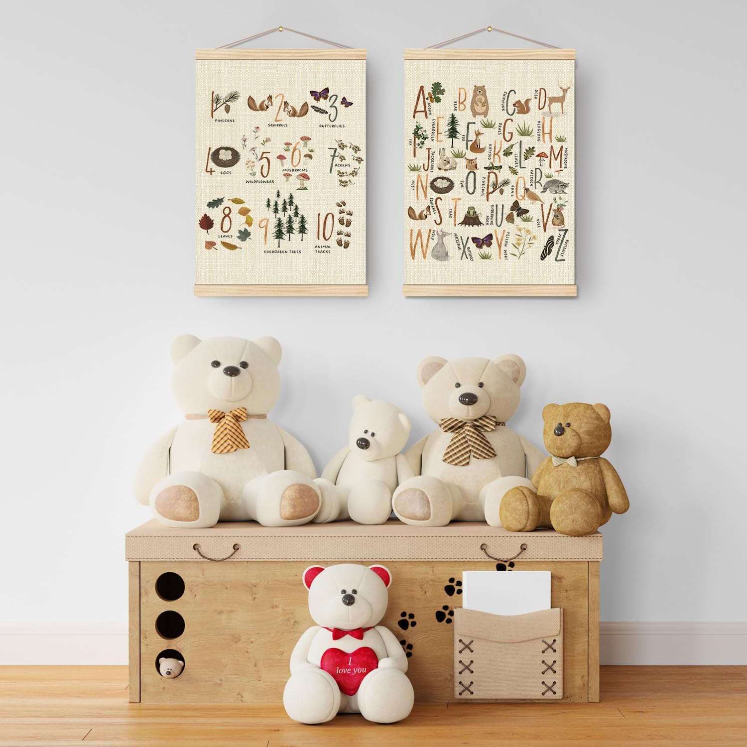 Boat Wades Alphabet Numbers Nursery Wooden Poster Hangers Set of 2, ABC 123 Forest Animal Educational Poster Hanger Frame Decor for Nursery Kids Room Playroom Classroom Homeschool, 16X24Inch