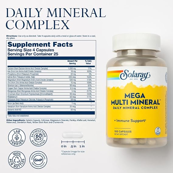 Solaray Mega Multi Mineral 25 Servings, 100 Capsules