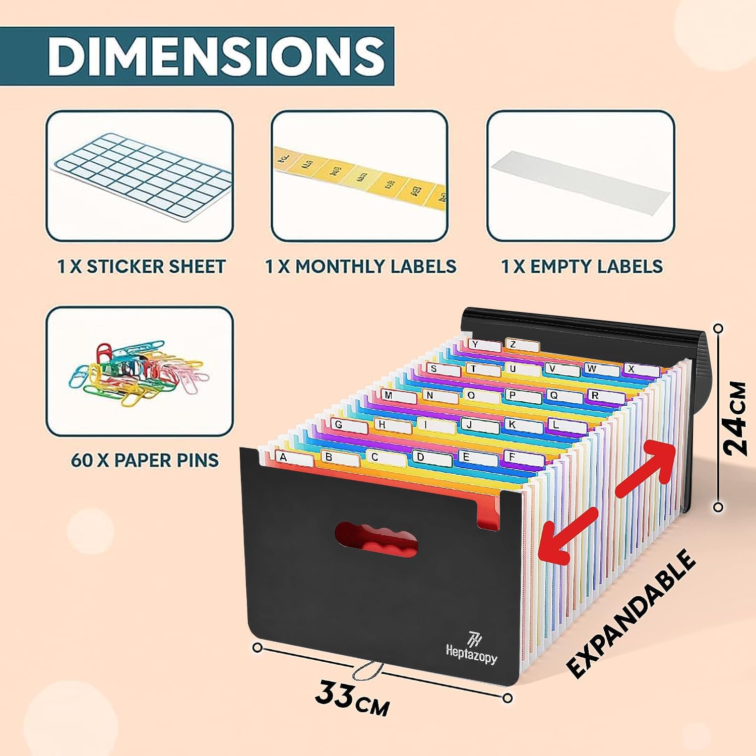 26 Pockets Accordion File Organizer, Expandable File Folder for A4 Letter Size Filing with Colorful A-Z Tabs, Elastic Cord, 60 Paper Clip, Label & Stickers for Office School Home image 2