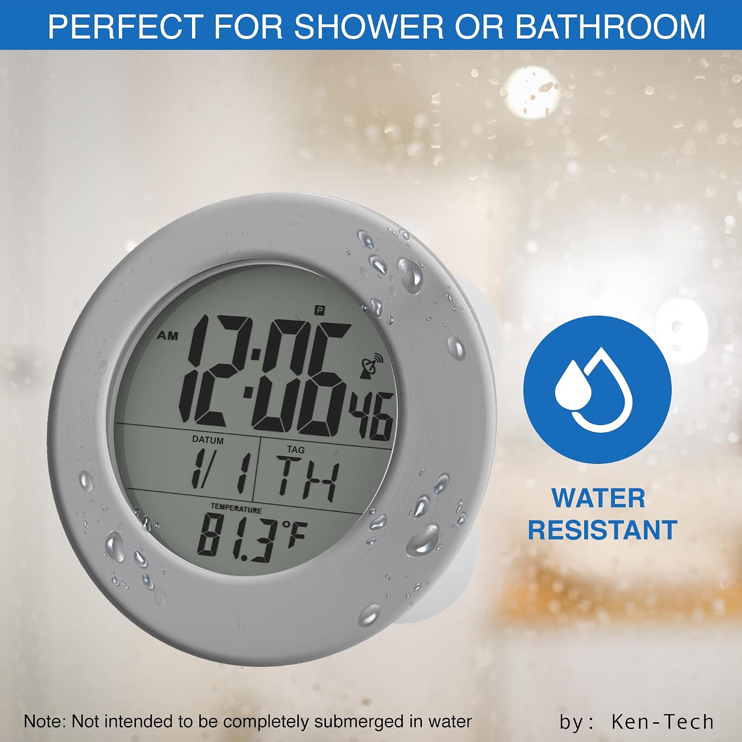 Sonnet Shower Clock for Bathroom and Kitchen - Large Digital Display Shows Time, Date, Day of The Week and Temperature. Large Suction Cups, Hanging Hole, and Kick Stand - Atomic Clock