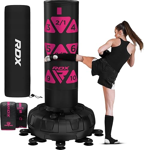 Miniatura 10 de RDX Saco de boxeo independiente XXL de 330 libras con funda y guantes – Juego de sacos de boxeo de pedestal pesado para adultos de 72 pulgadas – 17