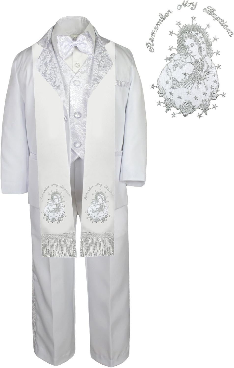 6pc Christening Baptism White Tuxedo English Plain Silver Pope Santa Maria Stole