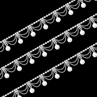 GLOBLELAND 1 Yard Pearl Tassel Rhinestone Fringe Trim Rhinestone Pearl Tassel Chain Diamond Crystal Tassel Fringe Trim for Sewing Crafts Wedding Dress Clothing Accessories DIY Decoration Silver