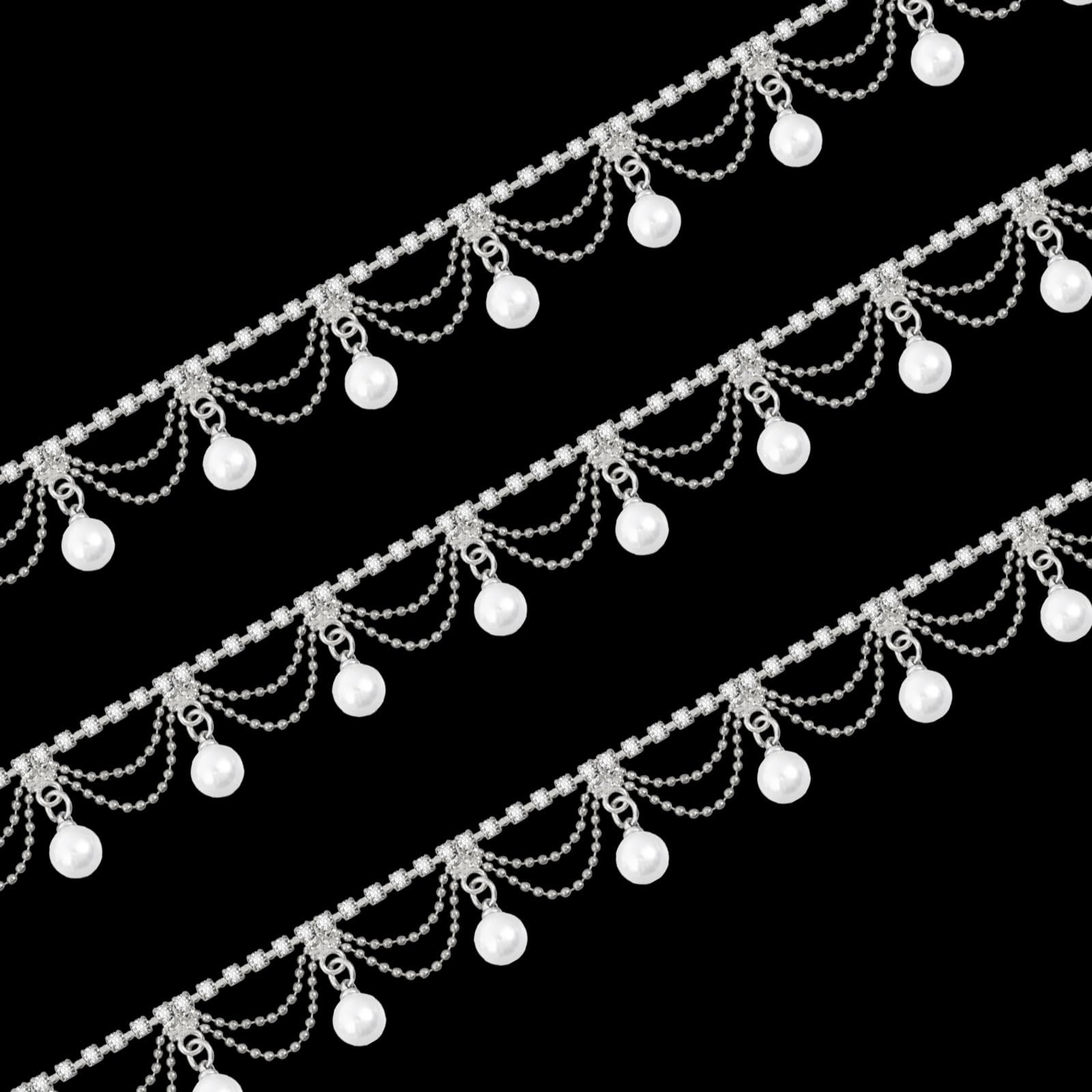 GLOBLELAND 1 Yard Pearl Tassel Rhinestone Fringe Trim Rhinestone Pearl Tassel Chain Diamond Crystal Tassel Fringe Trim for Sewing Crafts Wedding Dress Clothing Accessories DIY Decoration Silver