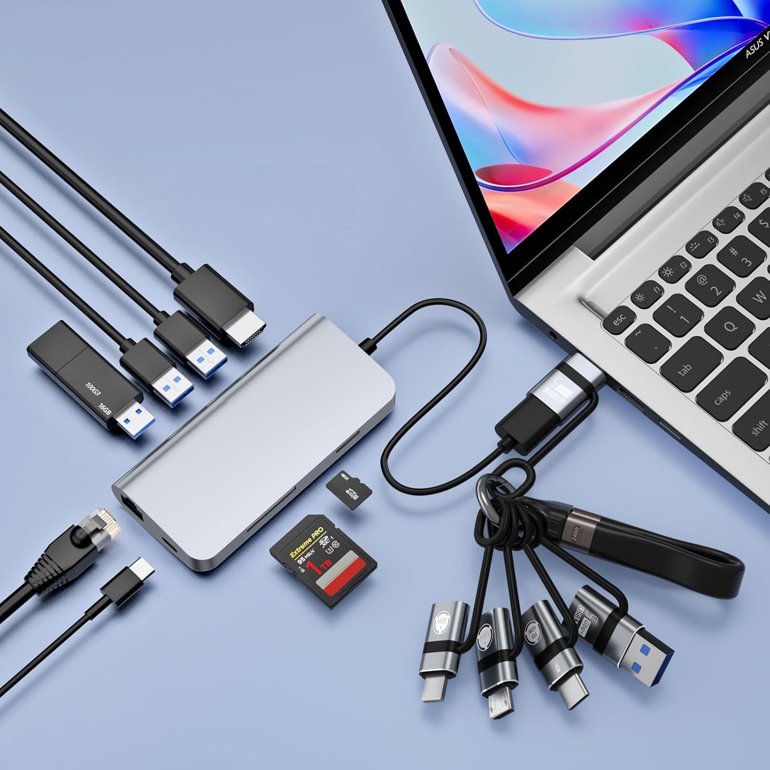 USB C to USB A 3.0 OTG Adapter, USB C to Micro Adapter, IP to Type-C Adapter, and USB A to Type-C OTG 3.0 Adapter (6-piece Set), Supporting Fast Charging and Data Transfer.