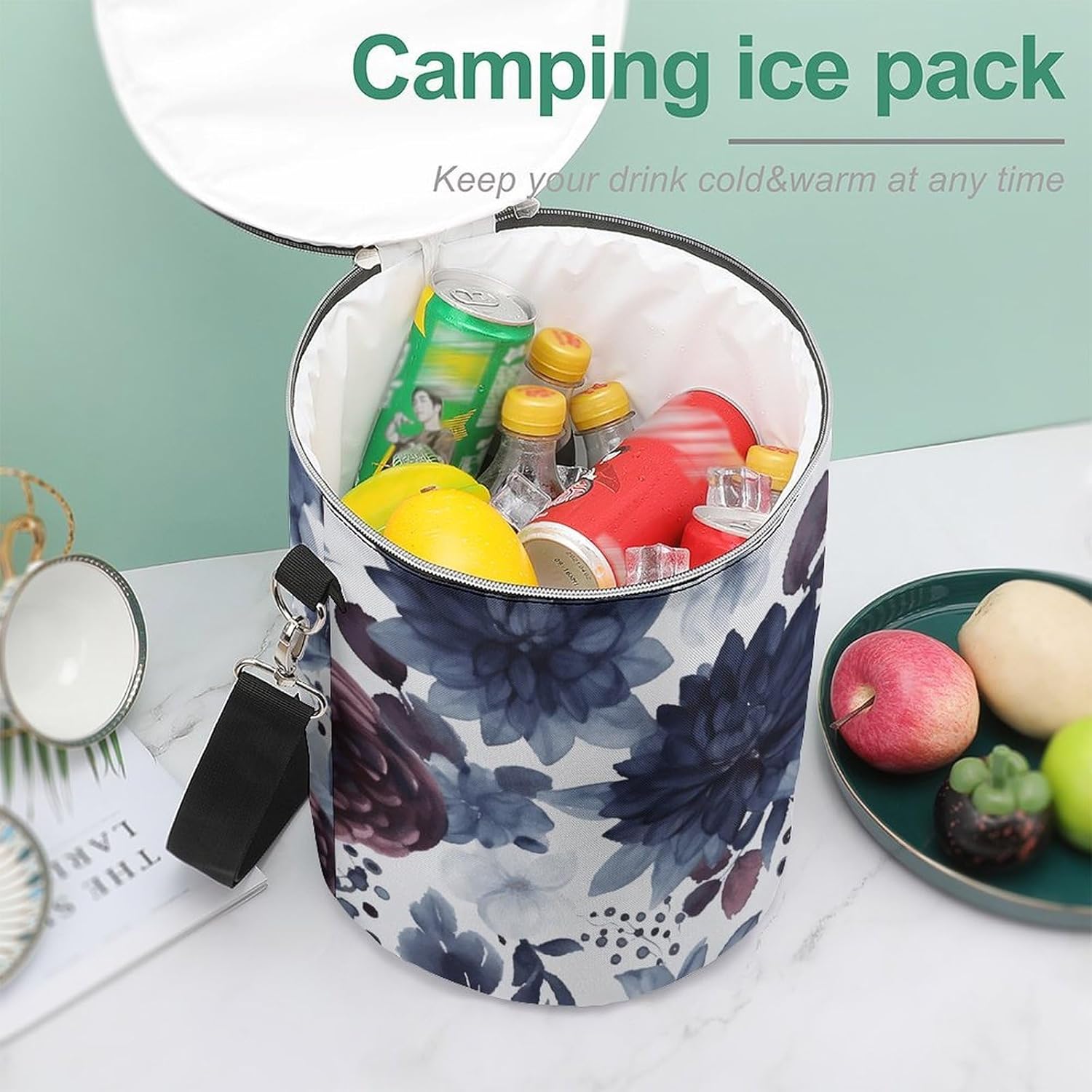 Watercolor Dark Blue Pattern Lunch Bag 15L, Insulated Picnic Basket with Leakproof Design - Large Cooler Tote for Camping, Beach, Hiking & Groceries