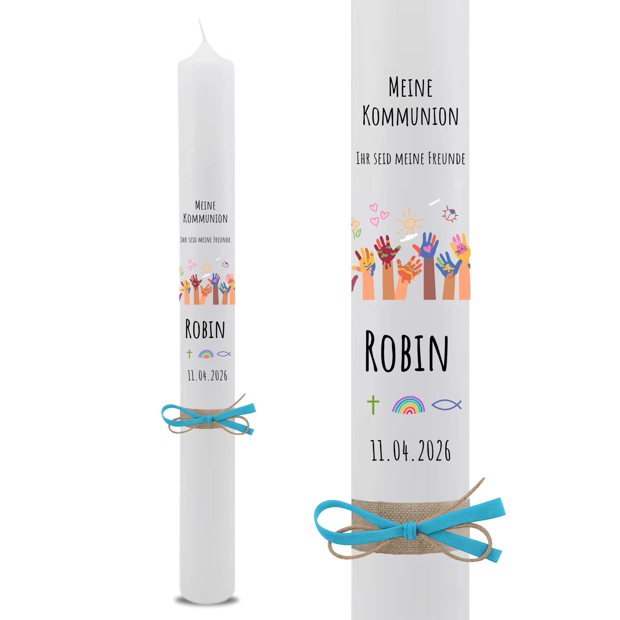 VILLA ROSA LOTTA – Personalisierbare Kommunionkerze „Robin“ mit Wunschdaten, Rückseite und Holzbox | Regenbogen Motto 2026 | 40 cm x 4 cm | für Jungen und Mädchen | Altarkerze elfenbein