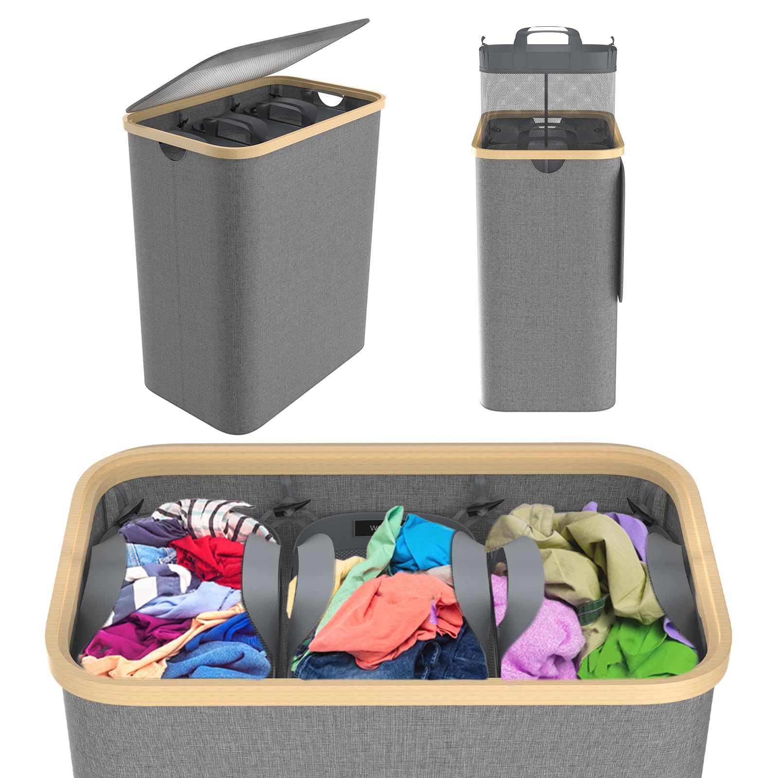 NAIZY Cesto portabiancheria con coperchio 140L, con 3 scomparti. Cesto per la biancheria lavabile e con maniglia estraibile, cesto portabiancheria rimovibile, separatore per biancheria, grigio